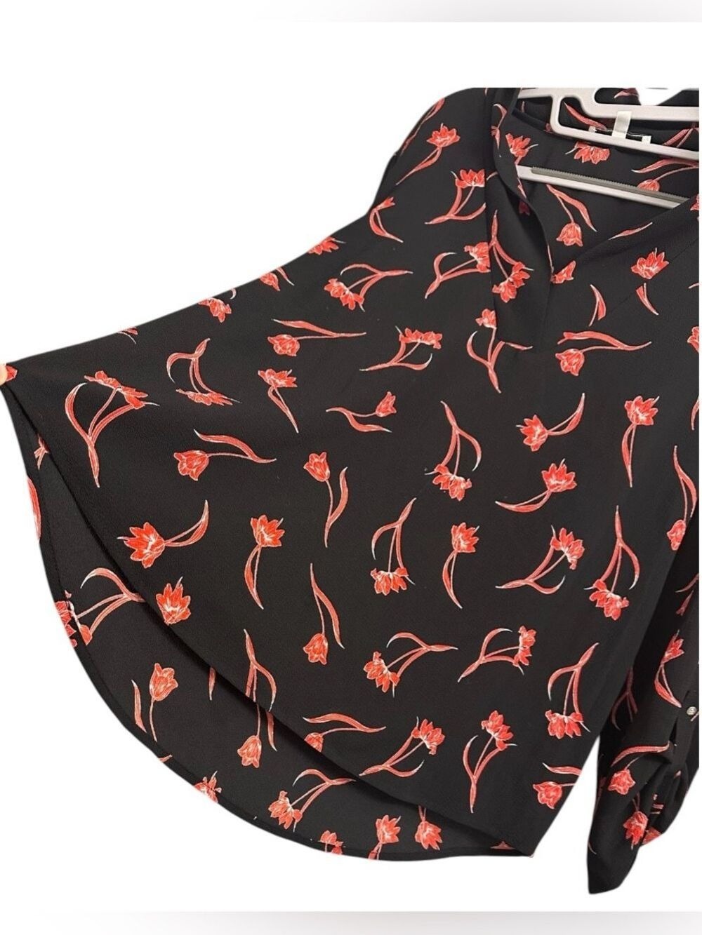 Chaus Floral V-Neck Tab Sleeve Blouse in Black with Red Print - Picture 4 of 11